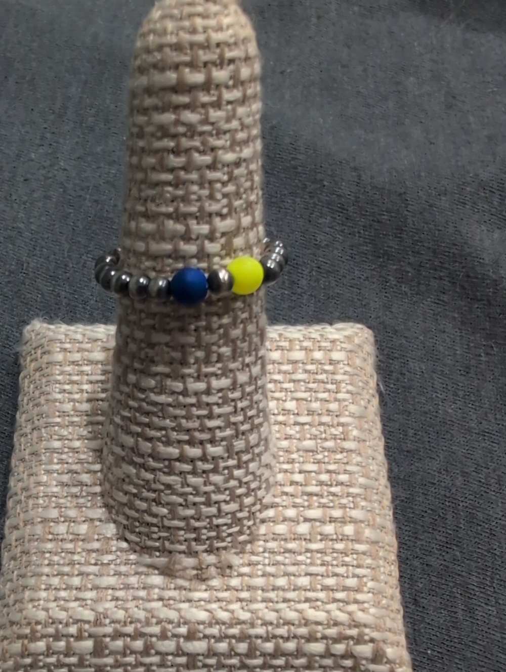 Beaded Sterling Silver Ring with Blue and Neon Yellow Accent